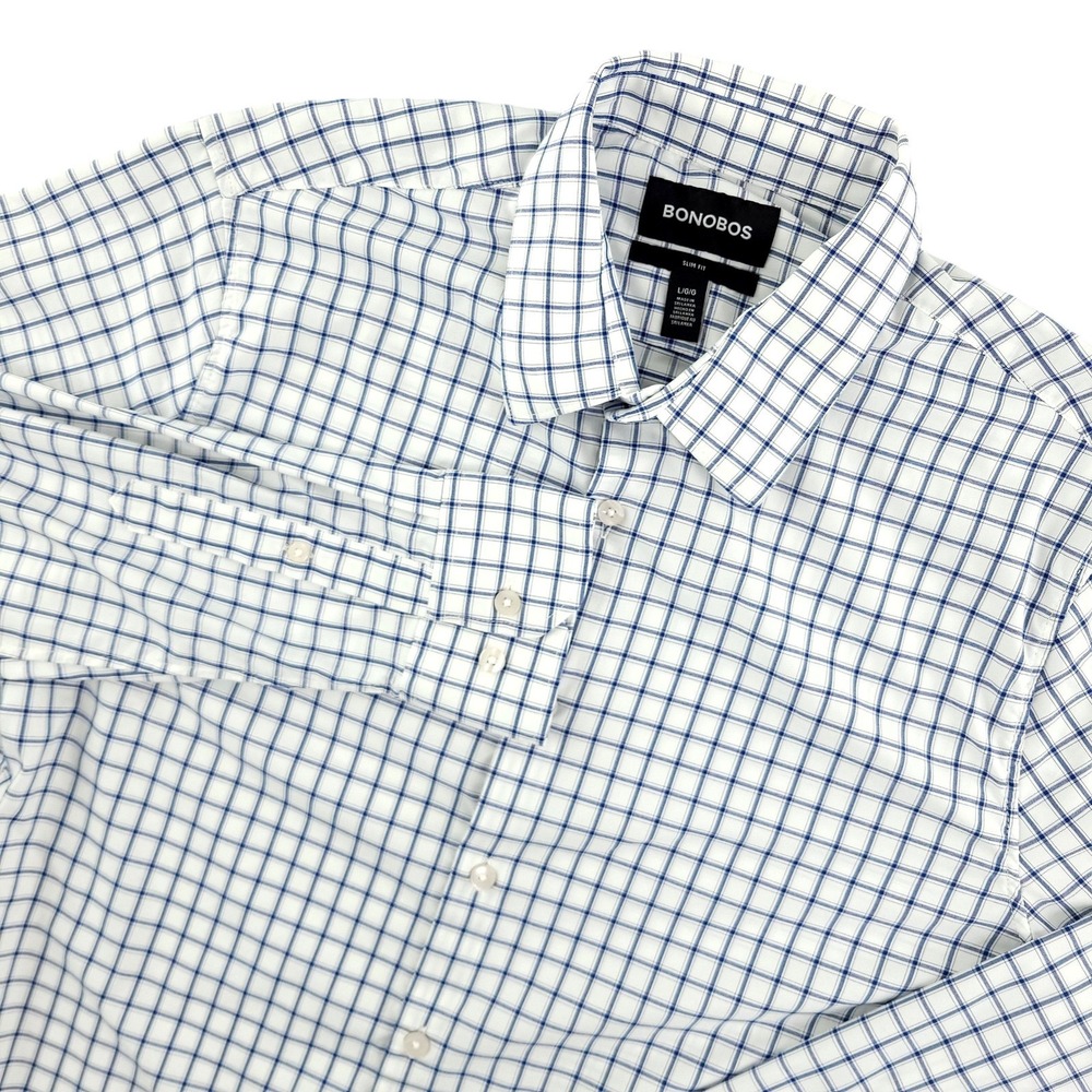Bonobos Dress Shirt Mens Large White Blue Check Slim Fit Stretch Long Sleeve